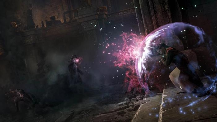 A character is using a spell in Hogwarts Legacy.