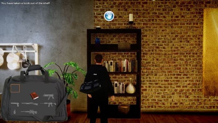 The player is stood in front of their bookshelf, 'You have taken a book out of the shelf!' is in the corner.