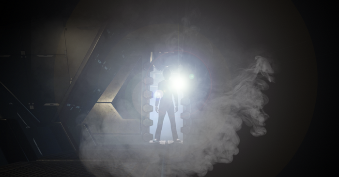 Obscured silhouette, smoke, lense flare, 10th Doctor in the middle of a door.