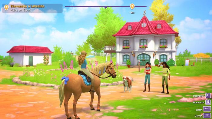 The main character riding a horse to a group of friends in Horse Club Adventures