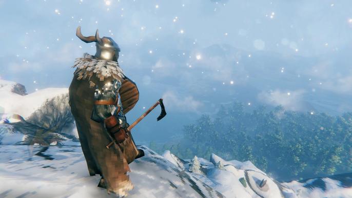 character looking over the Mistlands Biome in Valheim