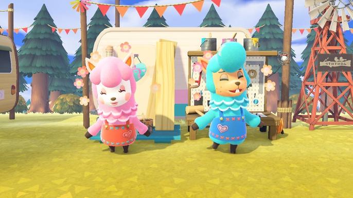 Reese and Cyrus on Harv's Island in Animal Crossing: New Horizons.