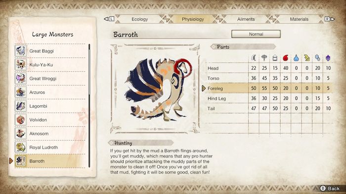The Hunter Notes menu in Monster Hunter Rise, showing the data for the Barroth