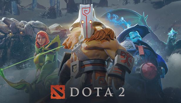 Artwork for DOTA 2 featuring Juggernaut, Storm Spirit, Windranger, and several other heroes from the game.