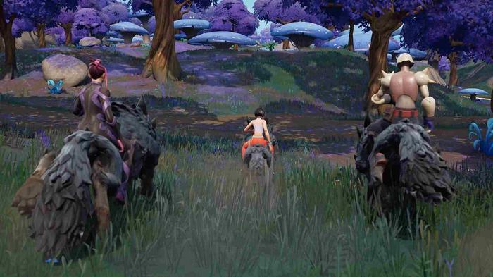 Two Fortnite characters riding animals through a forest