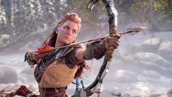 Horizon Forbidden West Aloy aiming her Nora Elite Bow angrily at enemy machines and rebels