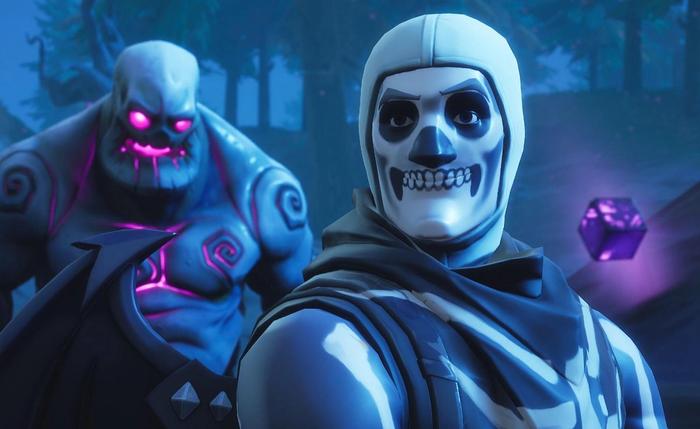 Skull Trooper in Fortnite, stood in front of an AI enemy