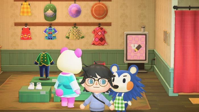 A player inside the Able Sisters shop in Animal Crossing: New Horizons.