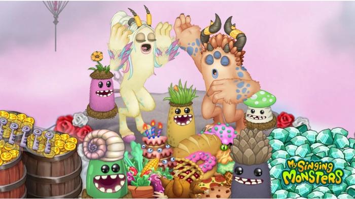 Group of singing monsters next to the treasure of gold and keys.