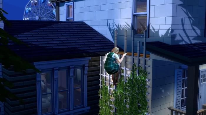 Sneaking down a trellis in Sims 4.