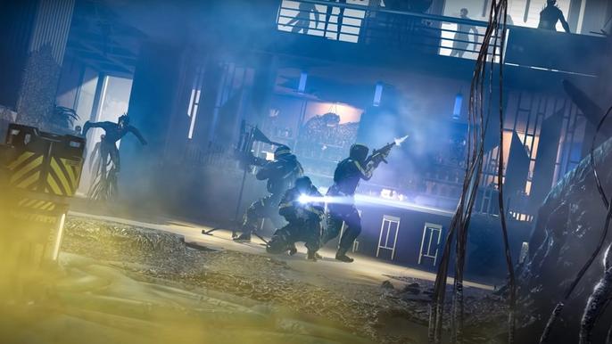 A squad of Operators fire at several Grunts and Tormentors in Rainbow Six Extraction.