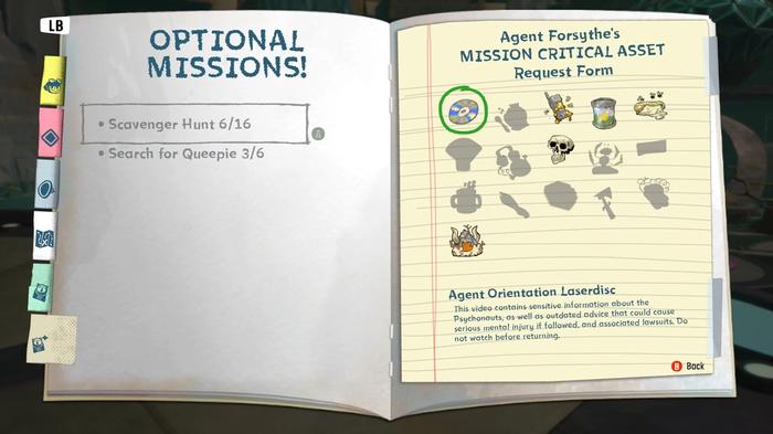 The menu for the Scavenger Hunt in Psychonauts 2 showing the items that need to be found.