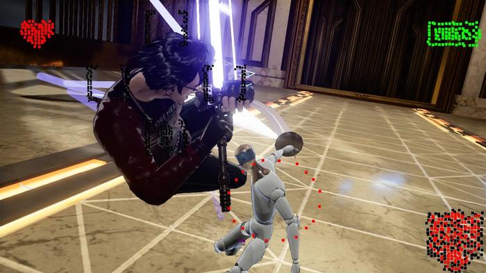 Image from No More Heroes 3 showing Travis Touchdown kicking an enemy in midair