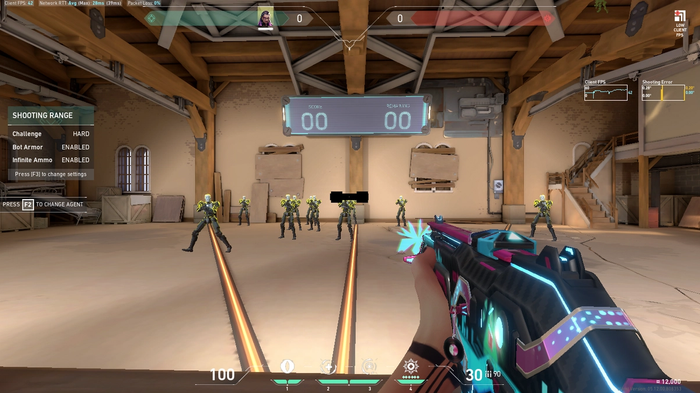 Valorant player aiming at practice bots with barbell crosshair.