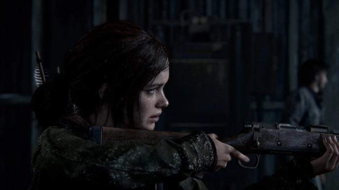 Image of Ellie pointing a gun in The Last of Us Part I.
