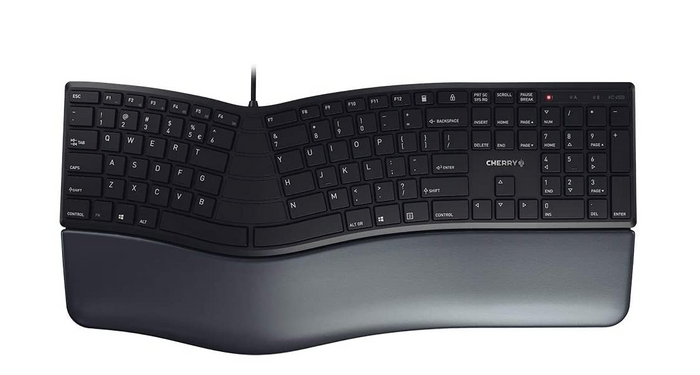 best ergonomic keyboard, product image of a black split keyboard with integrated leatherette wristrest