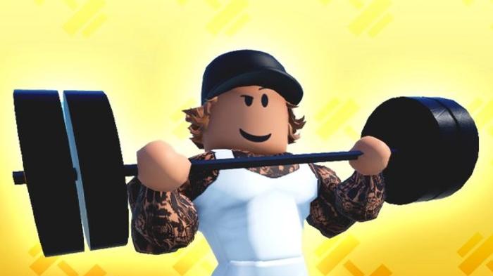 Image of a Roblox character lifting weights in Strongman Simulator.