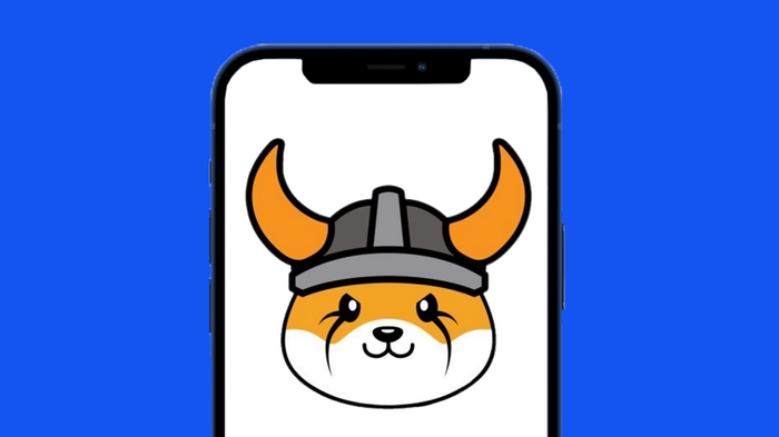 Floki Inu logo on a phone, for an article about a listing on Coinbase.