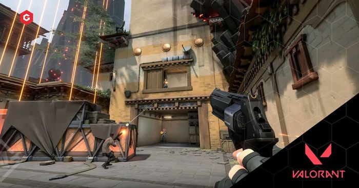 A player using the Sheriff gun to aim at an enemy in the 'heaven' area of Site A on the Haven map.
