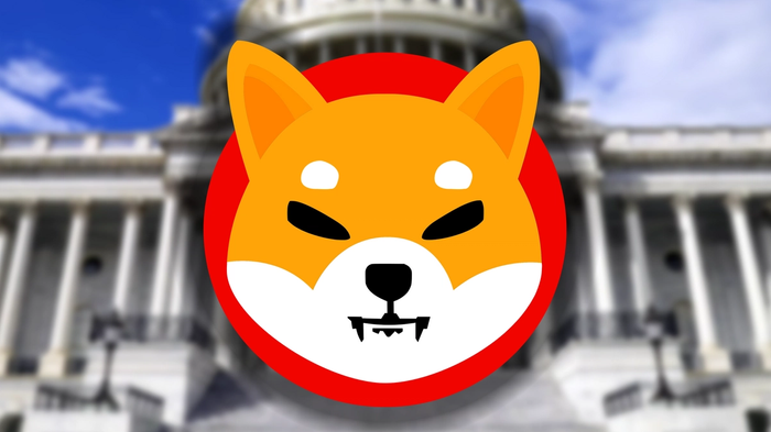 Image of the Shiba Inu Coin (SHIB) logo against a blurred US Congress building in an article about Senate candidate Shannon Bray.