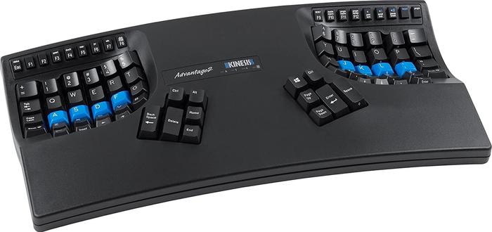 best ergonomic keyboard, product image of a black and blue dished ergonomic keyboard