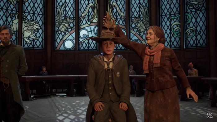 A young student from Hogwarts Legacy is getting sorted into his Hogwarts house wearing the Sorting Hat.