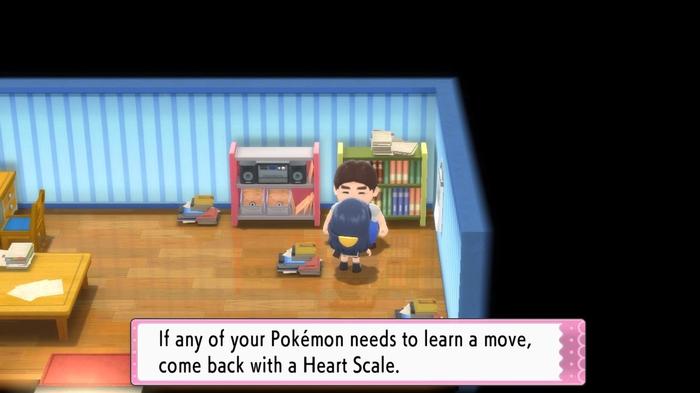 A Pokémon Trainer speaking to the Move Relearner in Pastoria City, who advises them to come back with a Heart Scale, in Pokémon Brilliant Diamond and Shining Pearl.