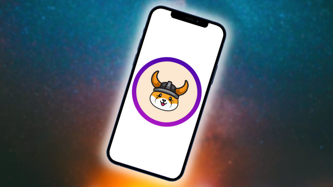 Image of a phone with a Floki Inu logo in the middle, against a blue and orange space background.