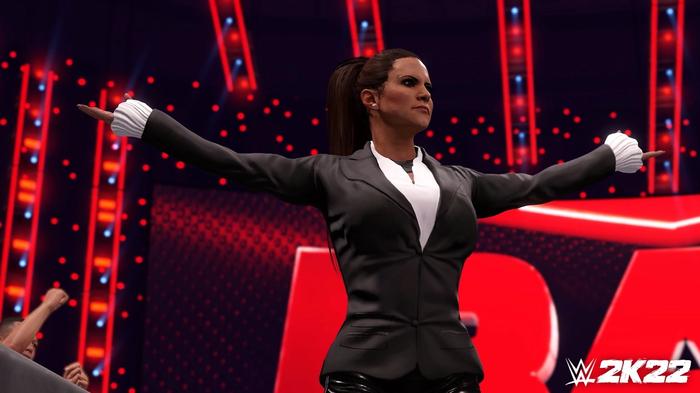 Stephanie McMahon riles up the crowd in WWE 2K22.