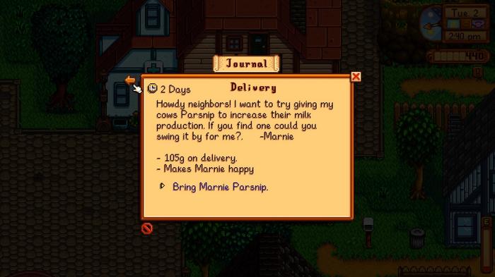 Stardew Valley, Quest information screen in Journal. The screen shows a little beige square with writing in the middle. The writing shows the breakdown of a delivery quest where the play must deliver a parsnip to marnie. There is a time limit of two days. 