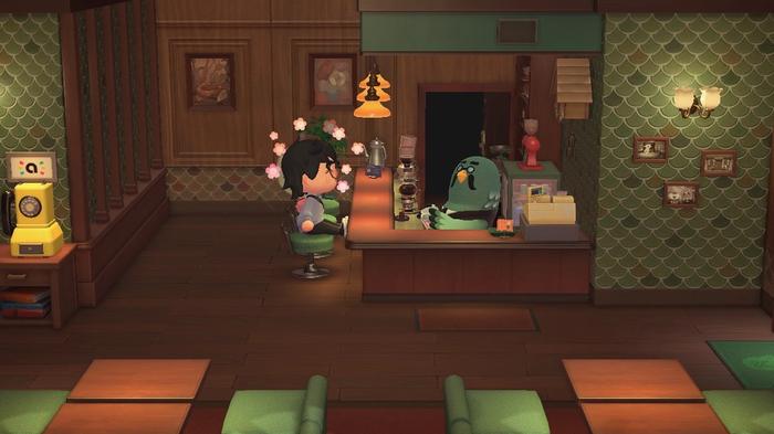 A player having coffee with Brewster at The Roost in the Animal Crossing: New Horizons museum.