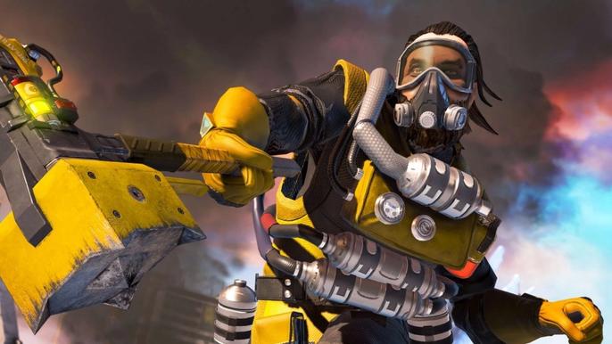 Apex Legends Season 6 Caustic. Caustic is in his classic yellow outfit while holding his heirloom hammer toward the left side of the image. 