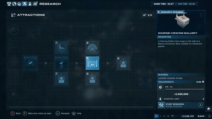 Jurassic World Evolution 2 Marine Viewing Gallery Research Screen. The screen shows the information for the viewing gallery on the right-hand side of the screen. It shows that the scientist requirements have been filled to 17/16 and the research will cost $2,000,000. 