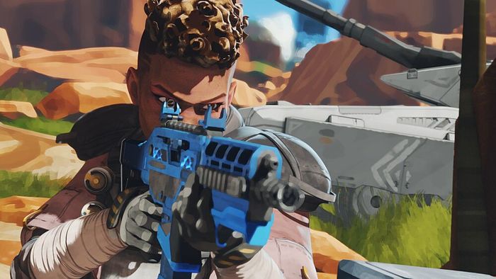 Apex Legends Mobile character, Bangalore, aims down the sights of a blue rifle.