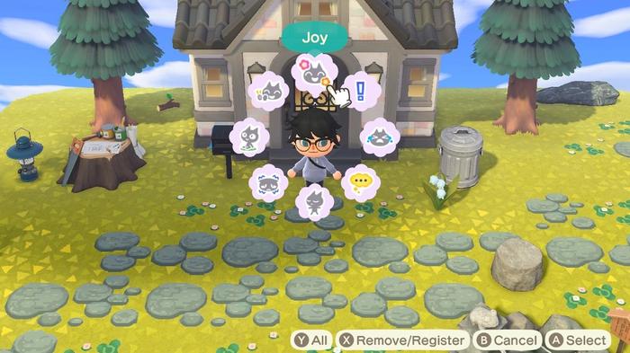 A player with the menu for using reactions open in Animal Crossing: New Horizons.