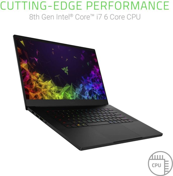 The image shows the Razer Blade 15 laptop highlighting the 8th Gen Intel Core I7 6 Core CPU.
