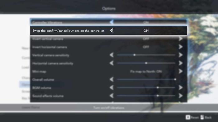 Using the options menu to switch the confirm and cancel buttons in Harvestella.