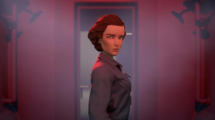 Screenshot from Last Stop showing a character in red-hued hallway staring at the camera.