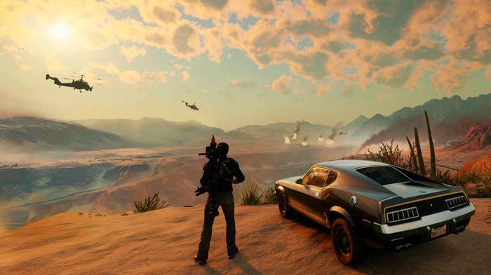 Image of Rico Rodríguez in a desert in Just Cause 4.