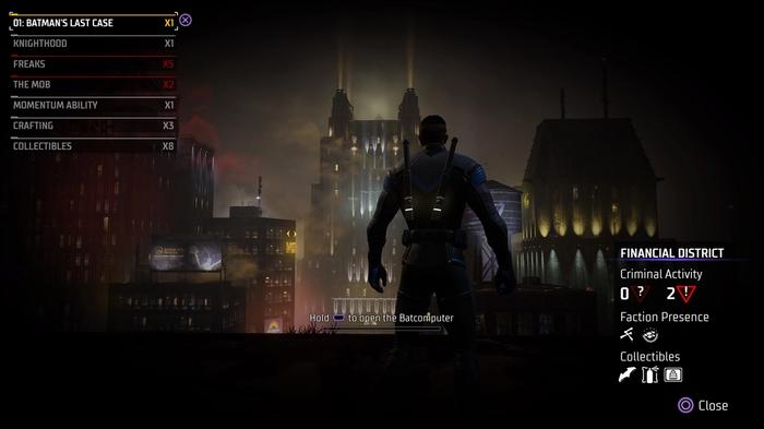 Nightwing in the Financial District rooftops in Gotham Knights.