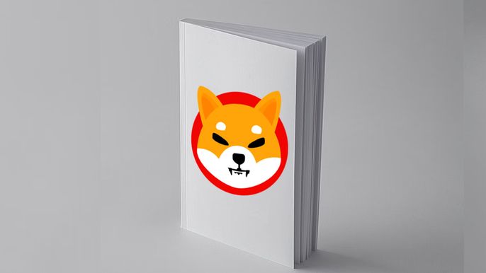 Shiba Inu logo on a white book on a white background.