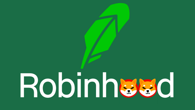 Robinhood Logo above Robinhood word, with SHIB logo's replacing the letter 'o' in the word.