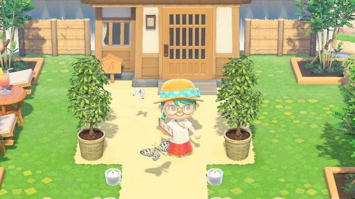 Animal Crossing New Horizons Happy Home Paradise. Pango's house, front yard. The player is standing in the middle with white butterflies flying around them. There are two potted plants either side of the character.
