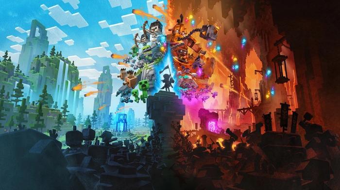 Promo art from Minecraft Legends, showing a dark and light block world.