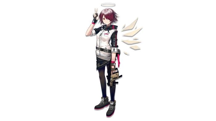 Arknights operator, Exusiai, posing with her submachine gun.