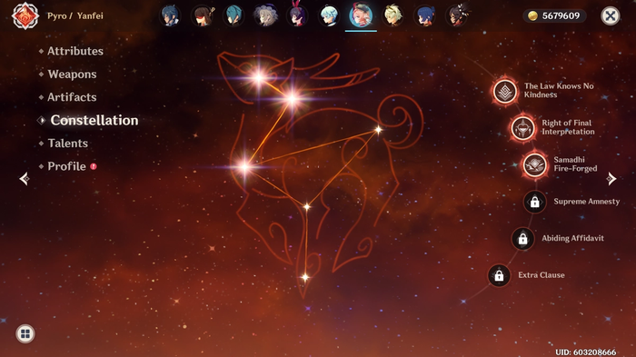 Yanfei's Constellation screen