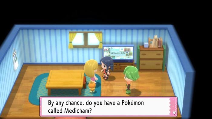 A Pokémon Trainer is speaking with a woman in Snowpoint City who wishes to trade a Medicham for a Haunter in Pokémon Brilliant Diamond and Shining Pearl.