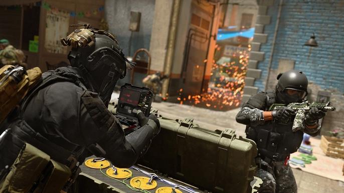Soldiers fighting through a marketplace in Modern Warfare 2.