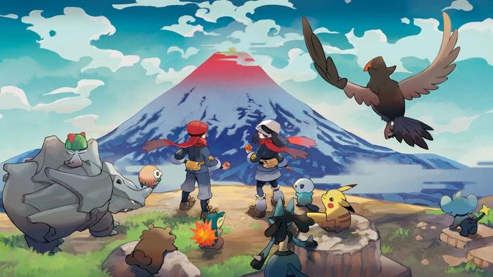 Cover art for Pokemon Legends Arceus, featuring a group of pokemon and trainers looking at a volcano.