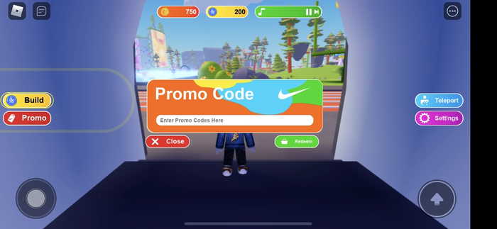 Screenshot from Nikeland, showing the code redemption screen with a text box and a Redeem button